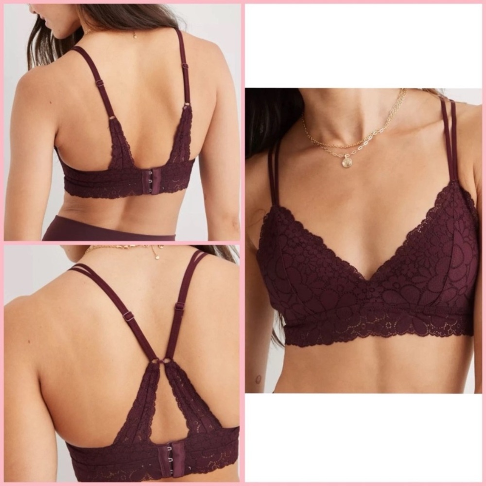 Aerie Real Happy Wireless Lightly Lined Candy Lace Convertible Bra in Wine NWT